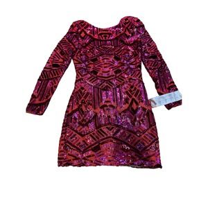Dress the Population Sequin Geometric Mini Dress Red Purple Long Sleeve XL